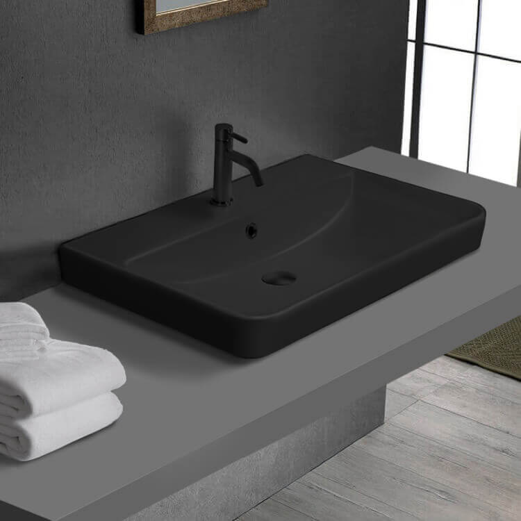 CeraStyle 079607-U/D Drop In Bathroom Sink, Matte Black Ceramic, Rectangular